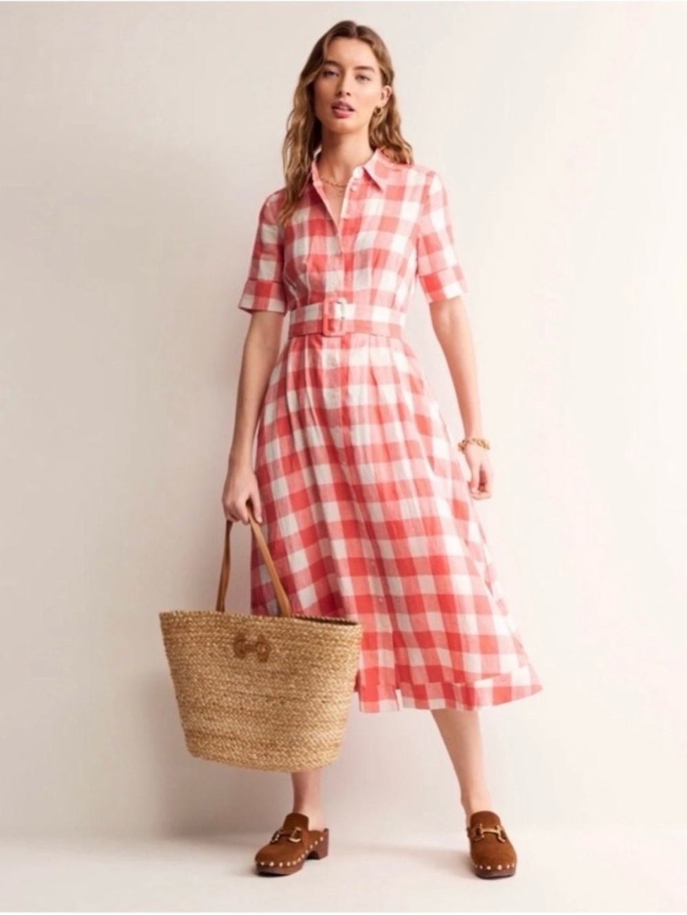 NWT Boden Red Rose Louise Belted Shirtdress, Pink Gingham, 100% Linen, Size 2P